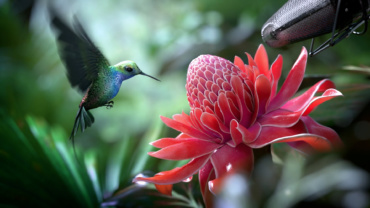TCL - a hummingbird lands on a flower near a microphone